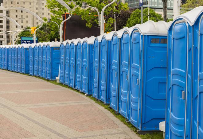 a row of portable restrooms set up for a special event, providing guests with a comfortable and sanitary option in Clarendon Hills